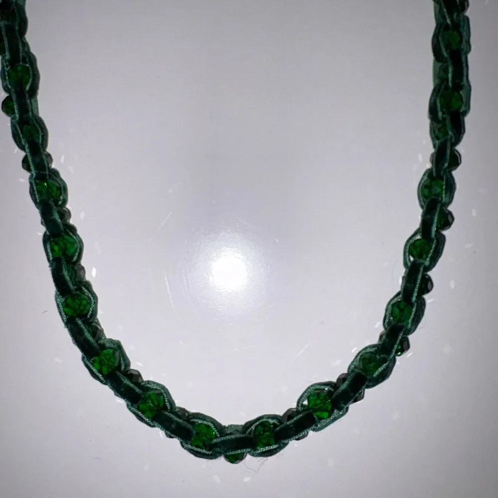 Chicos Green Velvet Ribbon & Gemstone Adjustable Necklace New Gold Tone Hardware